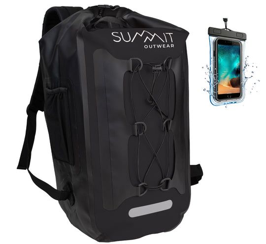 Summit Outwear Waterproof Backpack, Dry Bag Backpack for Men and Women with Roll Top Closure, Cushioned Back Panel, Large Dry Sack With Water Bottle Pocket 25 Liters (Black)