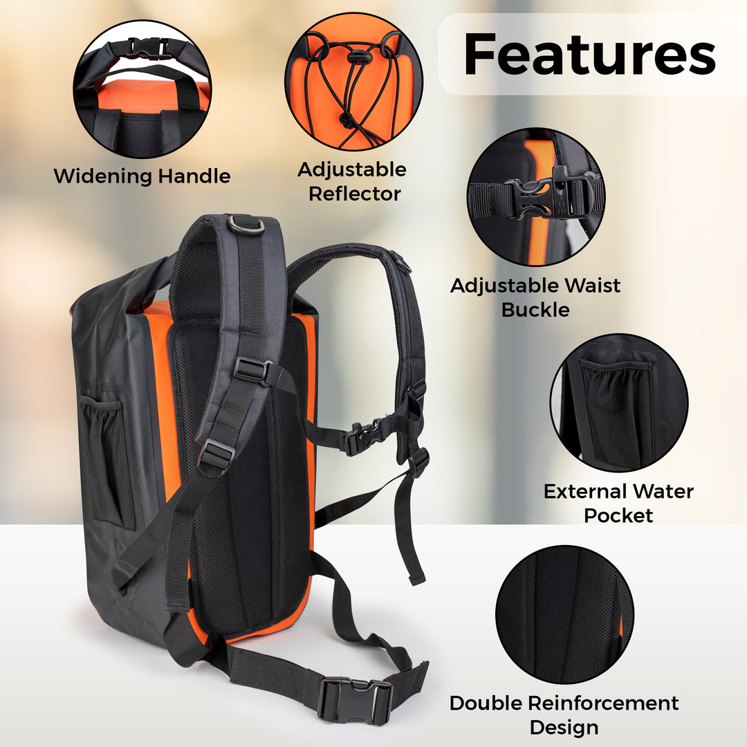 Summit Outwear Waterproof Backpack, Dry Bag Backpack for Men and Women with Roll Top Closure, Cushioned Back Panel, Large Dry Sack With Water Bottle Pocket 25 Liters (Orange)