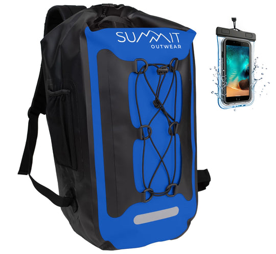 Summit Outwear Waterproof Backpack, Dry Bag Backpack for Men and Women with Roll Top Closure, Cushioned Back Panel, Large Dry Sack With Water Bottle Pocket 35 Liters (Blue)